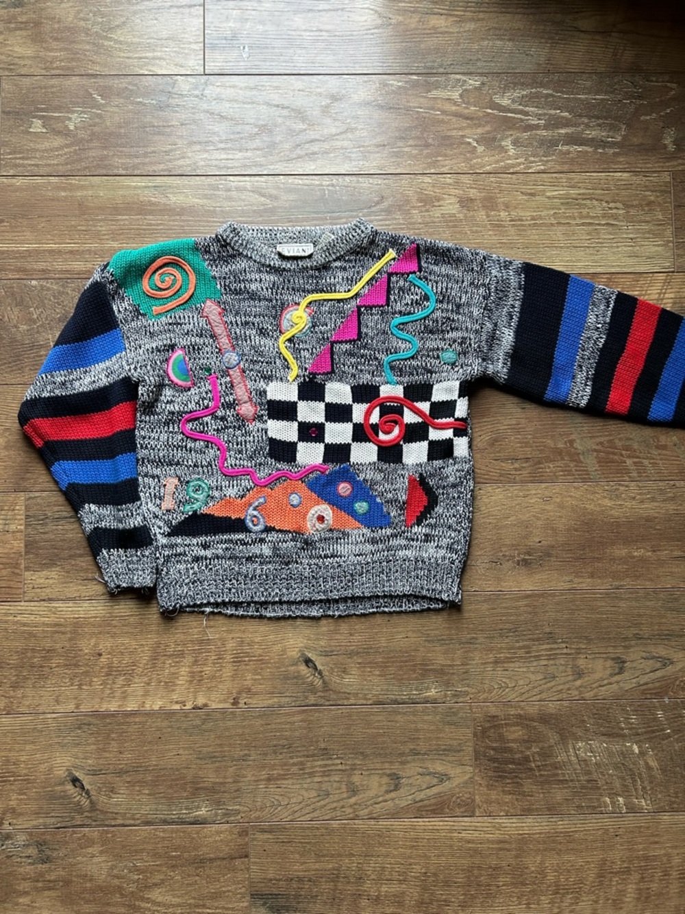 Vintage Evian Gray Marled Knit Sweater with Yellow and Pink Embroidery
